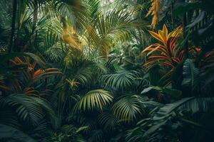 tropical jungle with green plants and palm trees background photo
