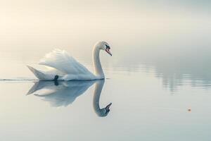 a swan is floating on a lake with fog background photo