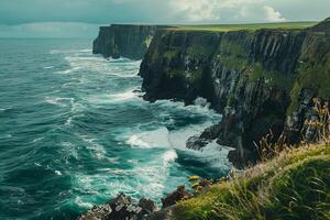 a view of the ocean and cliffs from a cliff background photo