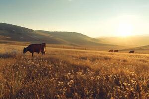 a herd of cows grazing in a field at sunset background photo