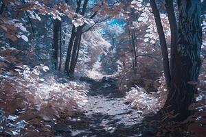 A Path Through the Woods with Trees and Leaves, nature background photo