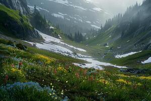 A Mountain Range with a Valley Full of Flowers, nature background photo