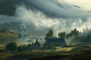A house in the middle of a field with fog, background photo