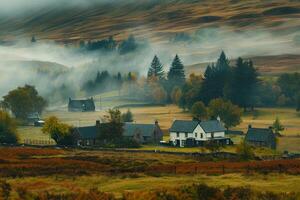 A misty morning in the Scottish Highlands, background photo