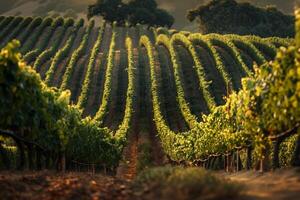 a vineyard with rows of green vines background photo