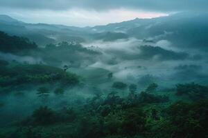 a misty landscape with trees and mountains background photo