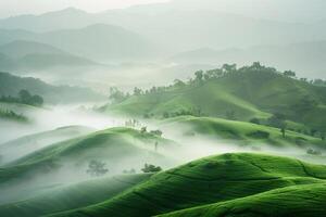 a green hill with fog and trees background photo