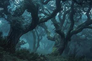 a forest with trees and moss background photo