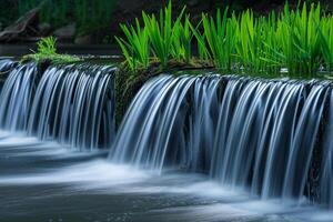 a waterfall is flowing over a small stream background photo