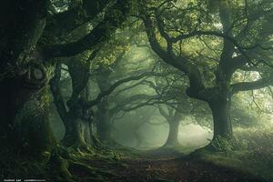 a path through a forest with trees and a bench background photo