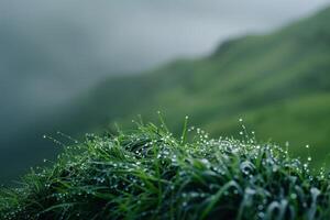 green grass with dew drops on it in front of a mountain background photo