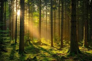 Sunlight shining through the trees in a forest background photo
