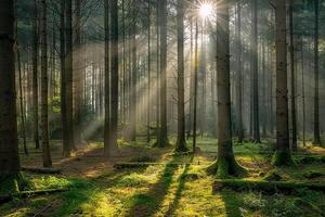 Sun Shines Through the Trees in a Forest Background photo