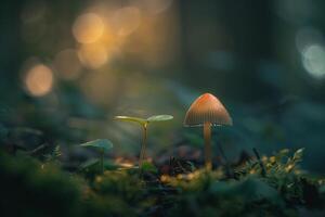 Small Mushroom Standing in the Middle of a Forest Background photo