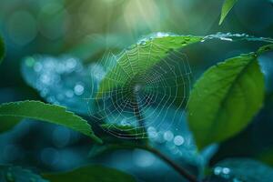 Spider web shown in the middle of a leaf background photo
