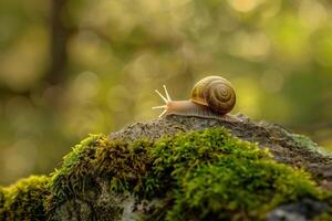 Snail sitting on a rock in the forest background photo