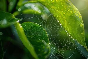 Spider web covered with dew drops background photo