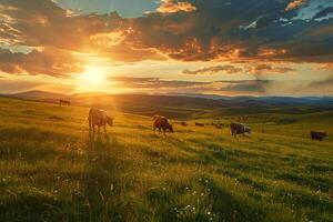 A herd of cows grazing on a grassy field background photo