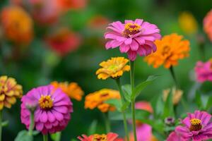 Colorful flowers are in a field with green leaves background photo