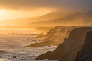 A view of the ocean and cliffs at sunset background photo