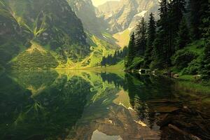 a mountain range is reflected in a lake background photo