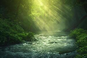 a river in the forest with sunlight shining down on it background photo