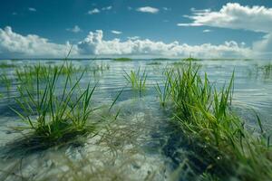 grass in the ocean with clouds in the background photo