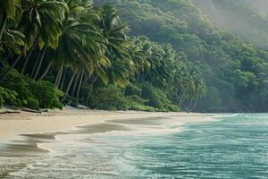 a beach with palm trees and a body of water background photo