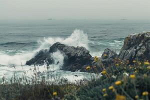 a large wave crashing into the ocean background photo