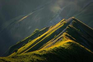 a mountain with grass and trees on top background photo