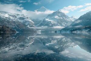 a lake with snow capped mountains reflected in it background photo