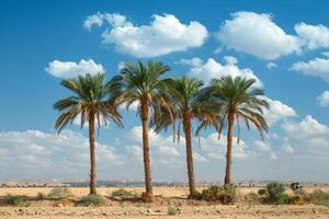 three palm trees stand in the middle of an arid desert background photo