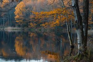 autumn forest in the forest with trees reflected in the water background photo