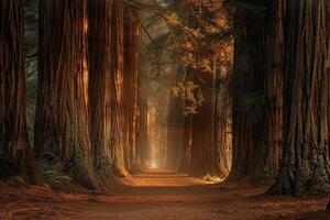 a path through the woods with trees and sun background photo