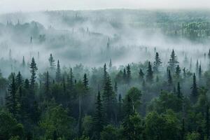 a foggy forest with trees and a mountain in the background background photo
