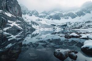 a mountain range reflected in a lake background photo