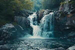 a waterfall is shown in a forest background photo