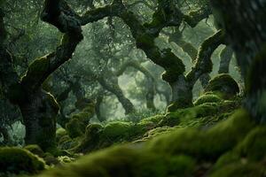 a forest with mossy trees and trees background photo