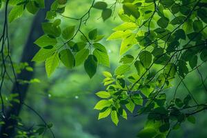 green leaves on a tree in the forest background photo
