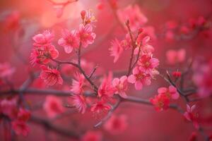 pink flowers on a branch with a red background photo