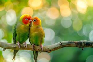 two lovebirds are sitting on a branch background photo