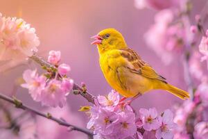 a yellow bird is perched on a branch of a cherry tree background photo