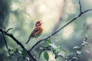 a red bird is singing on a tree branch background photo