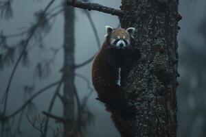 a red panda climbing up a tree in the fog background photo