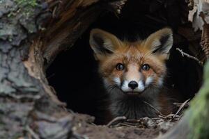 a fox peeks out from a hole in the ground background photo
