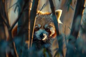 a red panda is hiding behind some bamboo background photo