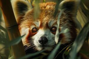 a red panda is peeking out from behind some bamboo background photo