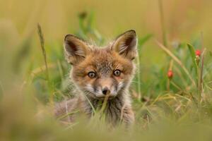 a young fox in the grass looking at the camera background photo