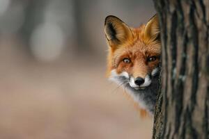 a fox peeks out from behind a tree background photo