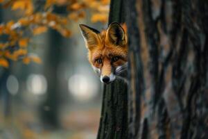 a fox peeks out from behind a tree trunk background photo